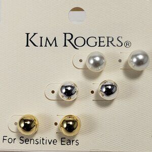 Set of 3 Gold, Silver-Tone & Faux Pearl Ball Stud Earrings - Classic for Women